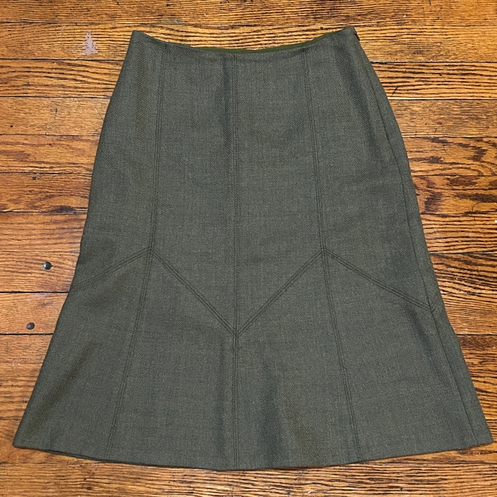 Vintage Margaret O’Leary Fine Wool Skirt Sz 4 A-line side zip Green Herringbone